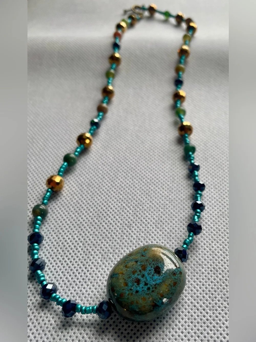Turquoise and Gold Beaded Pendant Necklace - Women Jewelry